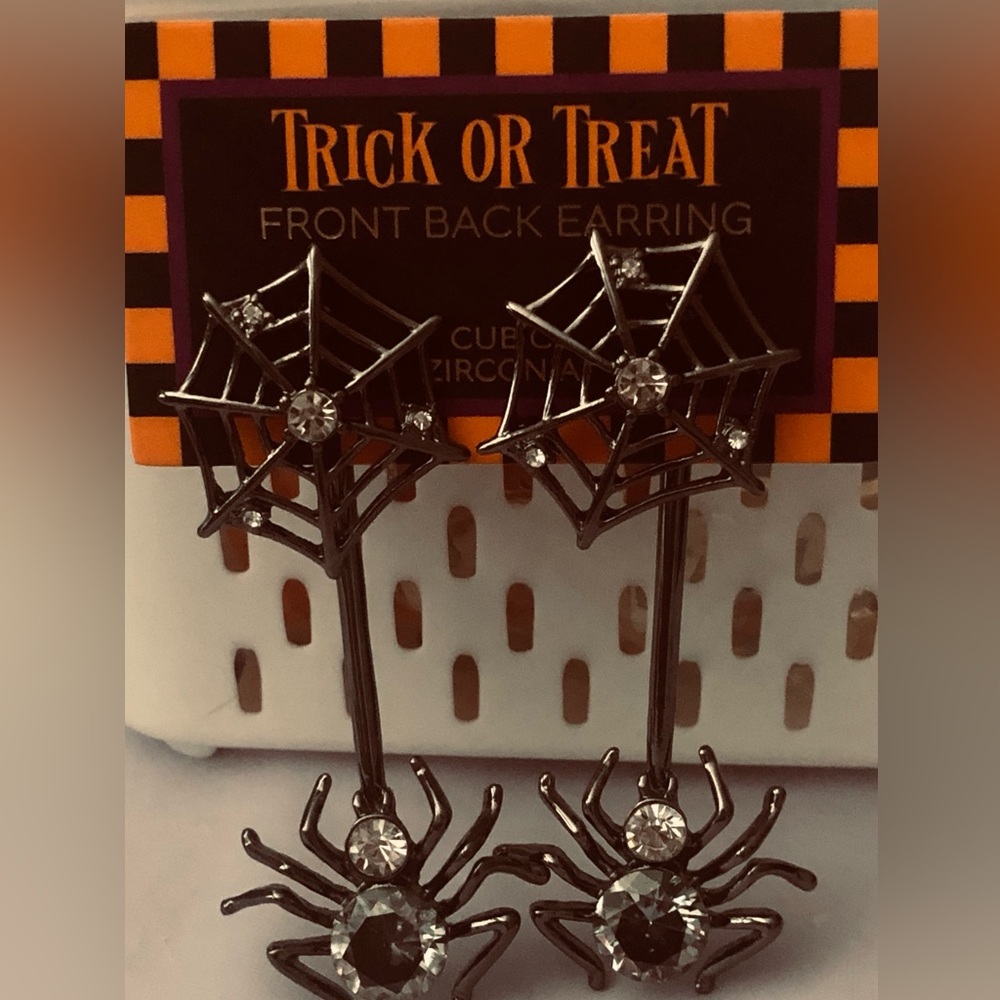 Bella Jack Gun Metal Spider and Web Front Back Earrings